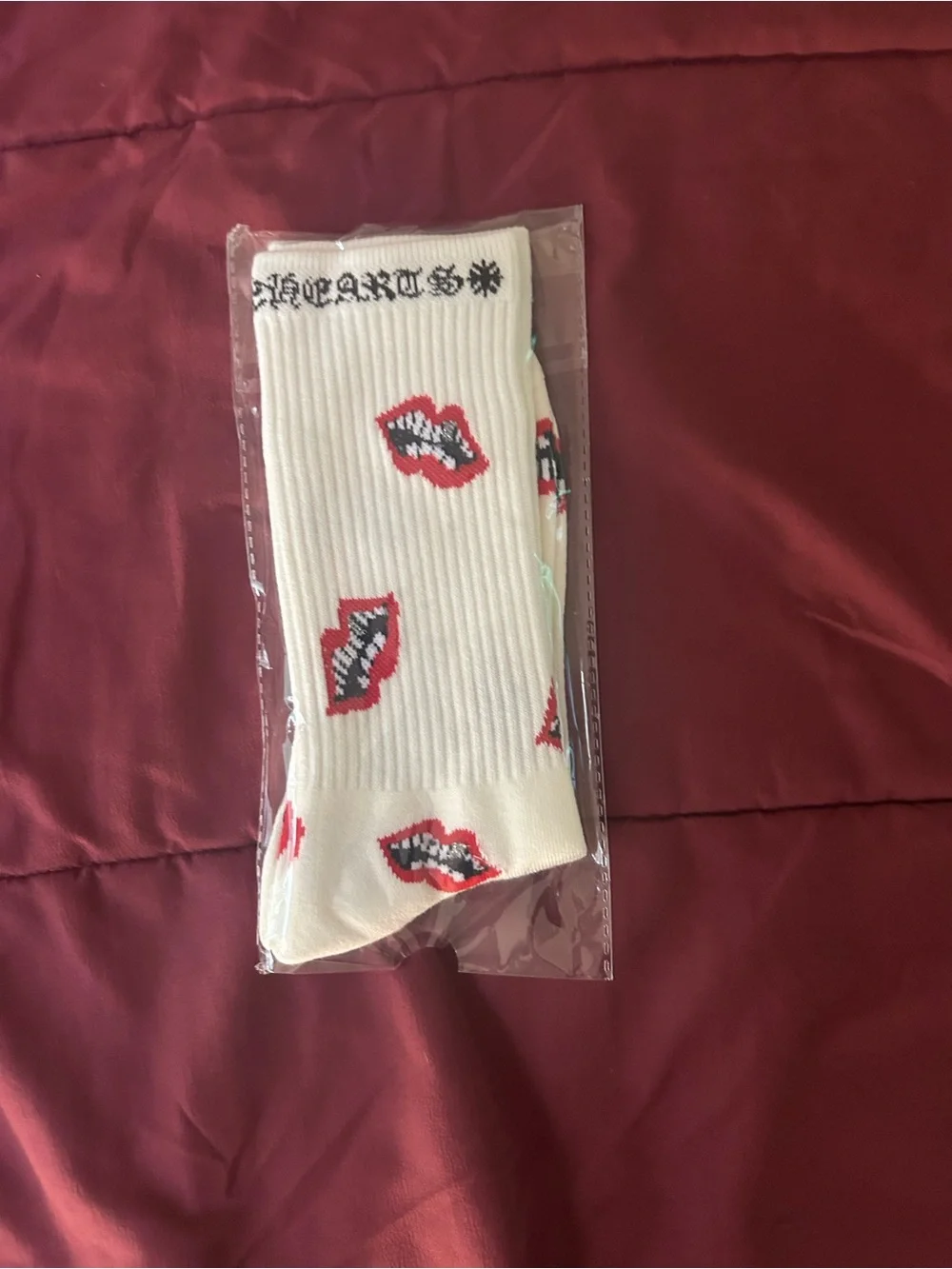 White Men’s Crew Socks with Red Lip Print
